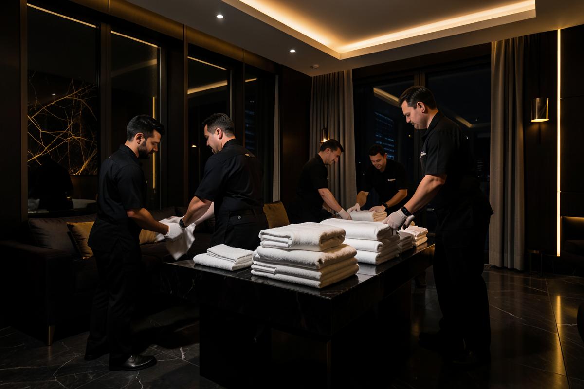 Staff delle pulizie al lavoro in un appartamento Key Apartments